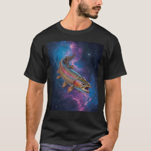 Camiseta Truta Arco-Íris Cósmica Nadando na Nebulosa da Gal