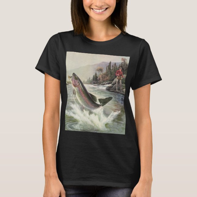 Camiseta Truta Arco-Íris, Pescador Antigo Pescando Peixes (Frente)