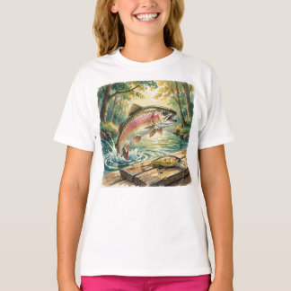 Camiseta Truta arco-íris saltando em riacho da floresta aqu