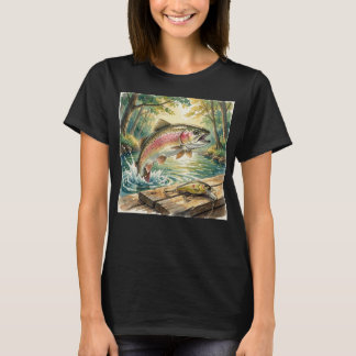 Camiseta Truta arco-íris saltando em riacho da floresta aqu