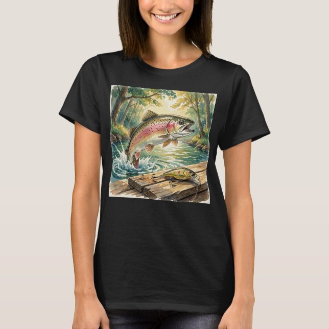 Camiseta Truta arco-íris saltando em riacho da floresta aqu (Frente)