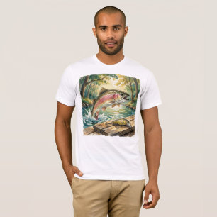 Camiseta Truta arco-íris saltando em riacho da floresta aqu