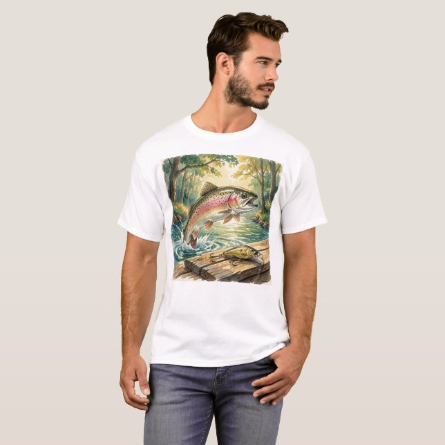 Camiseta Truta arco-íris saltando em riacho da floresta aqu (Frente Completa)