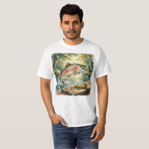 Camiseta Truta arco-íris saltando em riacho da floresta aqu