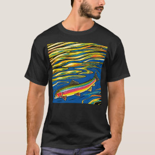 Camiseta Truta Colorida e Ondulações de Água