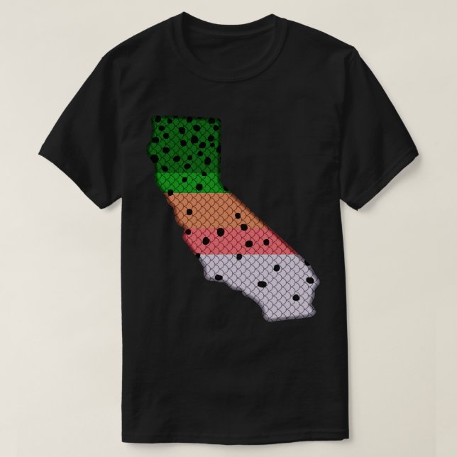 Camiseta Truta Pescaria Arco-Íris Patterno Califórnia Sta (Frente do Design)
