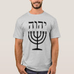 Camiseta Tshirt de Menorah (texto hebreu menor)<br><div class="desc">Pense não que eu estou vindo destruir o Torah, ou os profetas: Eu não sou vindo destruir, mas confirmar. Para certamente eu digo até você, até que o céu e a terra passarem, um yud ou um tittle deve em nenhuma passagem sábia do Torah, até que todos forem cumpridos. Whosoever...</div>