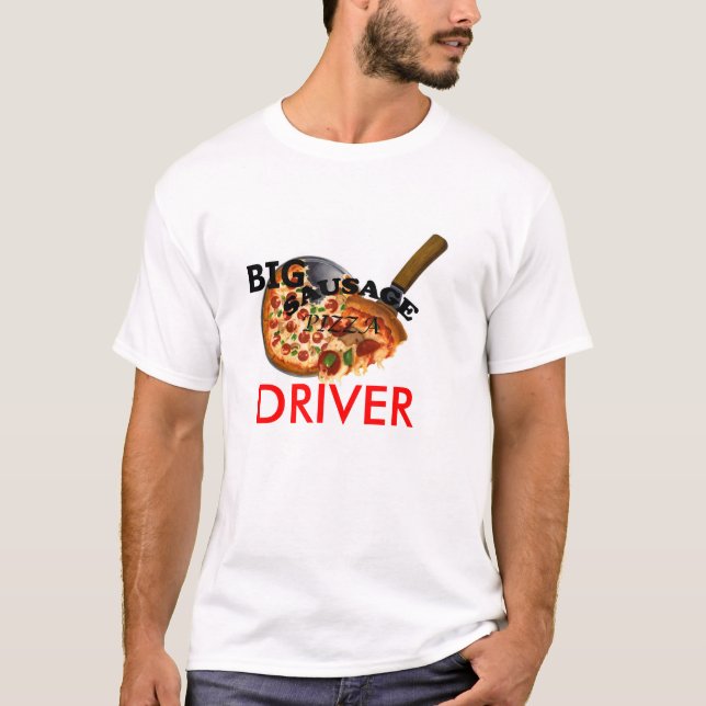 Camiseta Tshirt GRANDE da entrega da pizza de salsicha (Frente)