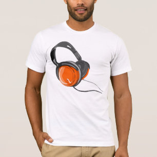 Camiseta tshirt preto alaranjado dos fones de ouvido da