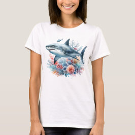 CAMISETA TUBARÃO BONITO NO OCEANO COM PEIXES E CORAL