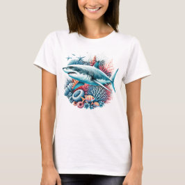 CAMISETA TUBARÃO BONITO NO OCEANO COM PEIXES E CORAL