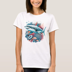 CAMISETA TUBARÃO BONITO NO OCEANO COM PEIXES E CORAL
