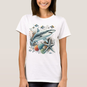 CAMISETA TUBARÃO BONITO NO OCEANO COM PEIXES E CORAL