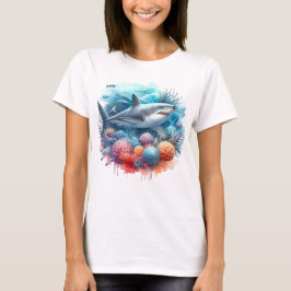 CAMISETA TUBARÃO BONITO NO OCEANO COM PEIXES E CORAL