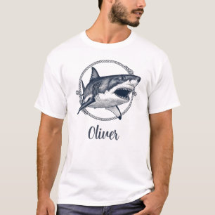Camiseta Tubarão Branco Vintage Náutico