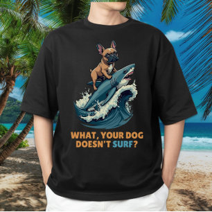 Camiseta Tubarão-Bulldog Francês Engraçado Surfando Cão Fra