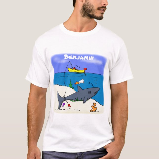 Camiseta Tubarão-cama engraçado e desenho animado (Frente)