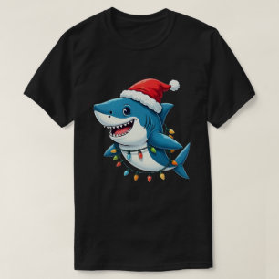 Camiseta Tubarão Engraçado Vestindo Chapéu de Natal de Sant
