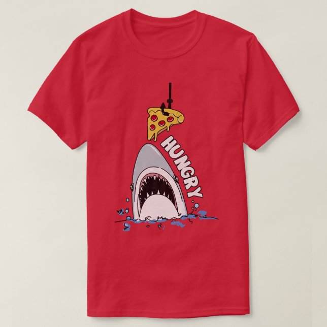 Camiseta Tubarão Faminto Engraçado com Pizza (Frente do Design)