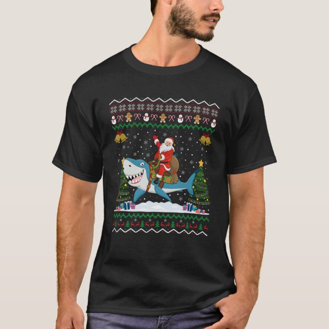 Camiseta Tubarão Feio Xmas Papais noeis-Presente Andando No (Frente)