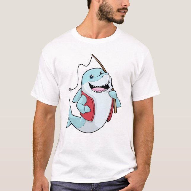Camiseta Tubarão na pesca com vara de pesca (Frente)