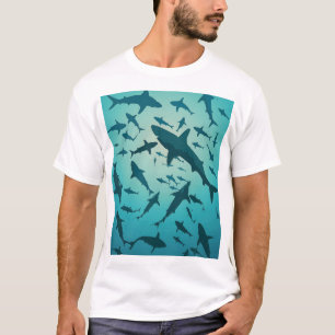 Camiseta Tubarão-Oceano Silhuettes Azul Camisa-Fundo Azul