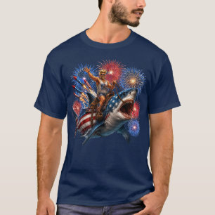 Camiseta Tubarão Patriótico de Cowboy Montando um Grande Br