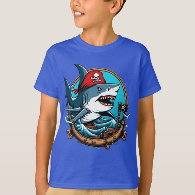 Camiseta Tubarão-pirata-gato num barco-T-Shirt (Frente)