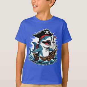 Camiseta Tubarão-pirata-gato num barco-T-Shirt