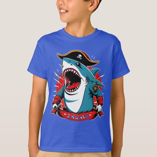 Camiseta Tubarão-pirata-gato num barco-T-Shirt (Frente)