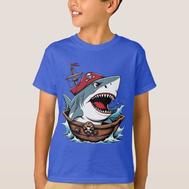 Camiseta Tubarão-pirata-gato num barco-T-Shirt (Frente)