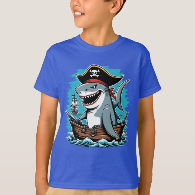 Camiseta Tubarão-pirata-gato num barco-T-Shirt (Frente)