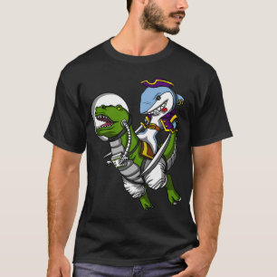 Camiseta Tubarão Pirata Montando Dinossauro Espaço