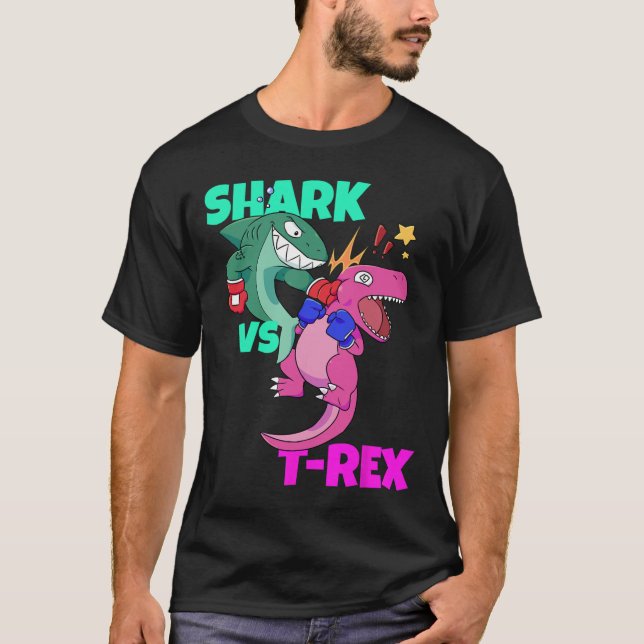 Camiseta Tubarão Vs Dinossauro T Rex Luvas Para Crianças Ra (Frente)