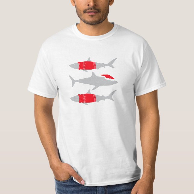 Camiseta Tubarões de Natal em Santa Hats e Jumpers (Frente)