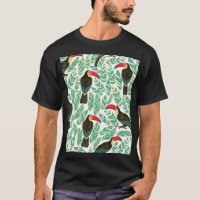 Tucanos, folhas tropicais, padrão decorativo.