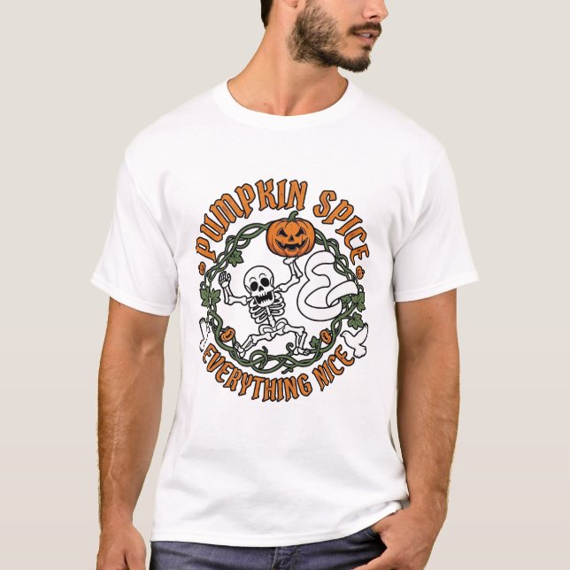 Camiseta Tudo Bom de Tempero de Abóbora Esqueleto de Hallow (Frente)