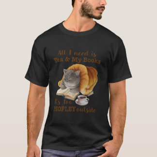Camiseta Tudo que preciso é chá, meus livros, livro de gato