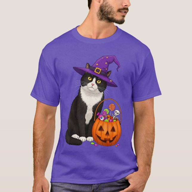Camiseta Tuedo Witch Cat Halloween Candy Basket for Men Wom (Frente)