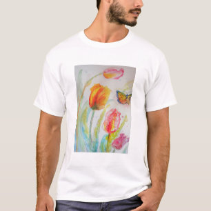 Camiseta Tulipa colorida e borboleta Aquarela