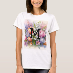 Camiseta Tulipas púrpuras, cor-de-água floral, monograma, c