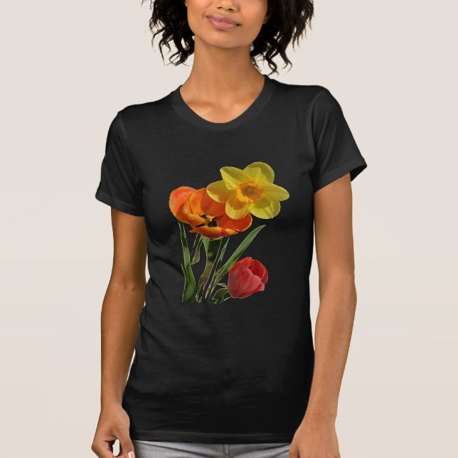 Camiseta Tulipas vermelhas e flores daffodil amarelas (Frente)