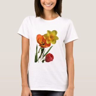 Camiseta Tulipas vermelhas e flores de narciso amarelo