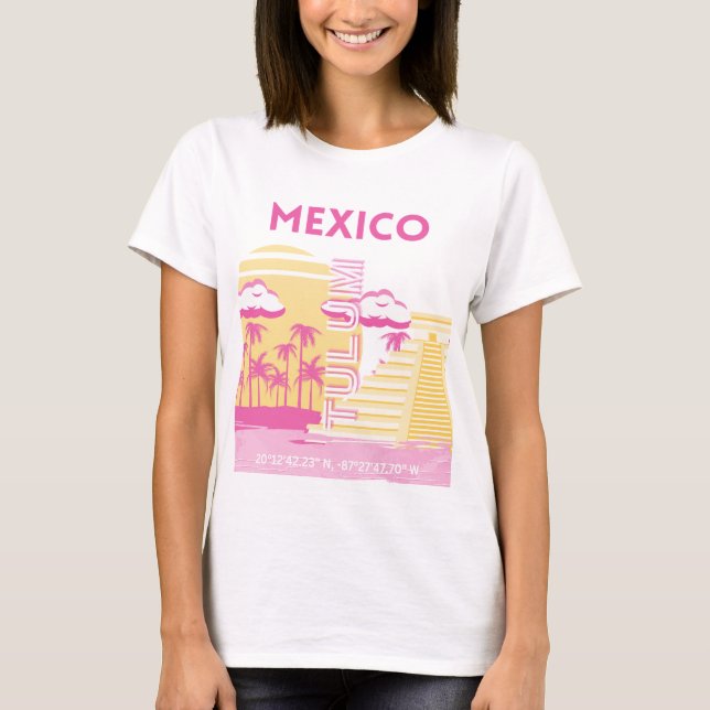 Camiseta Tulum, Viagem, Arte de Esquema, Rosa (Frente)