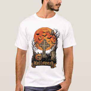 Camiseta Túmulo da Cruz do Halloween Caveira Abóbora Gato P