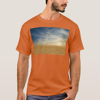 Camiseta turbinas eólicas nas paisagens solares do campo de
