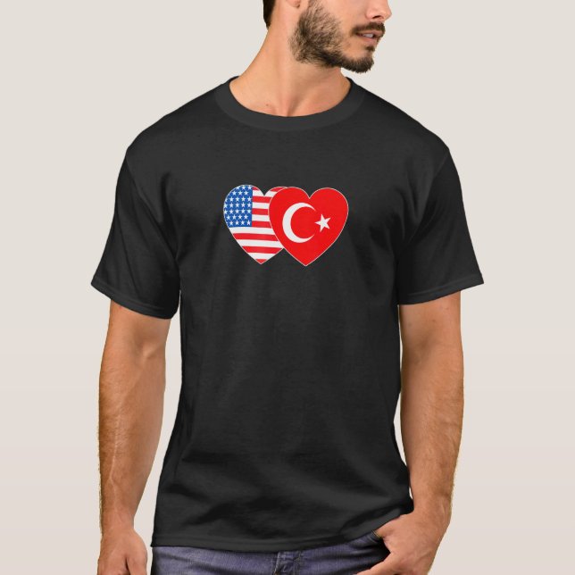 Camiseta Turkey and USA Flag Twin Heart for Turkish America (Frente)