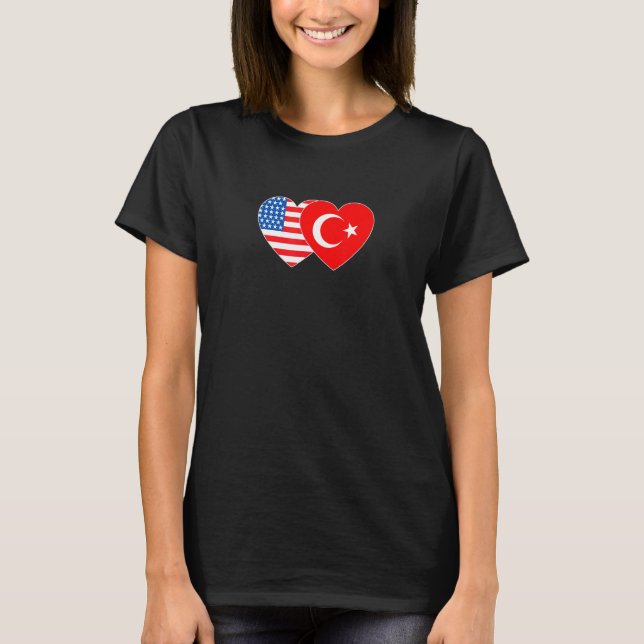 Camiseta Turkey and USA Flag Twin Heart for Turkish America (Frente)