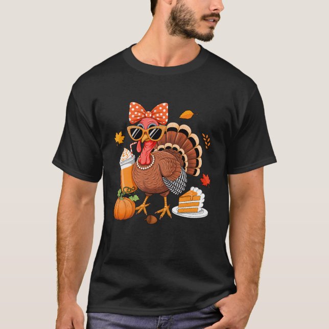 Camiseta Turkey Drinking Coffee Bow Thanksgiving Womens Tur (Frente)