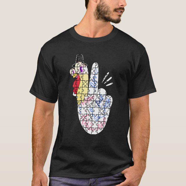 Camiseta Turkey Peace Hand Sign Puzzle Autism Thanksgiving  (Frente)